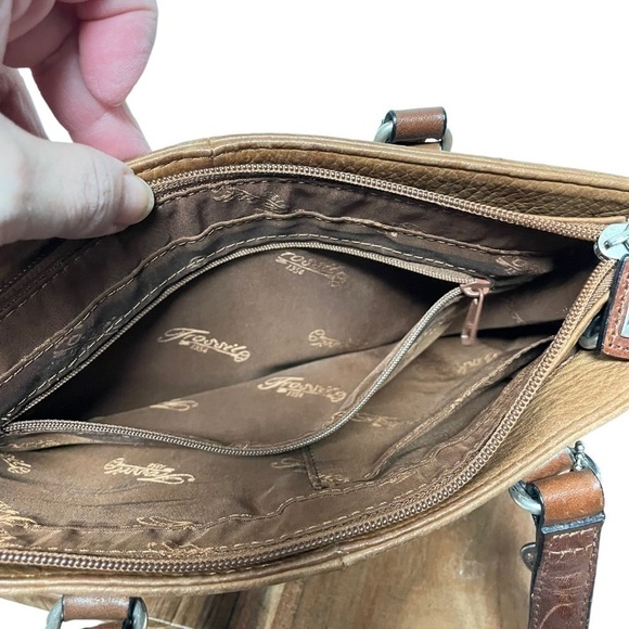 Fossil Tan Pebbled Leather Satchel, Contrast Lacing, 11 inches - Picture 7 of 9